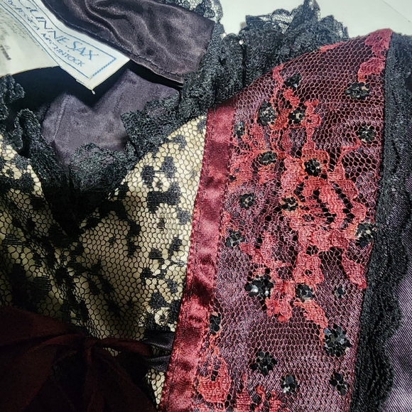 VINTAGE Gunne Sax Jessica McClintock Corset Bustier Tiered Lace Dress Black Red - Picture 2 of 16